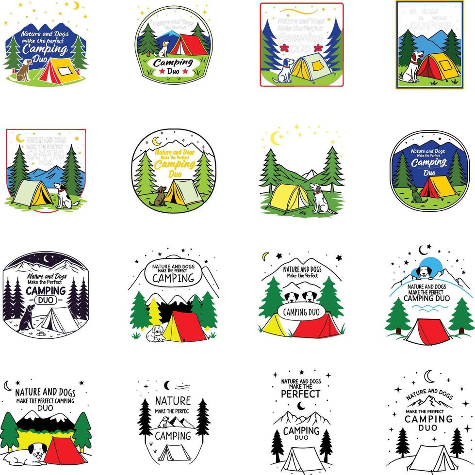 A set of stickers with different designs of camping vector