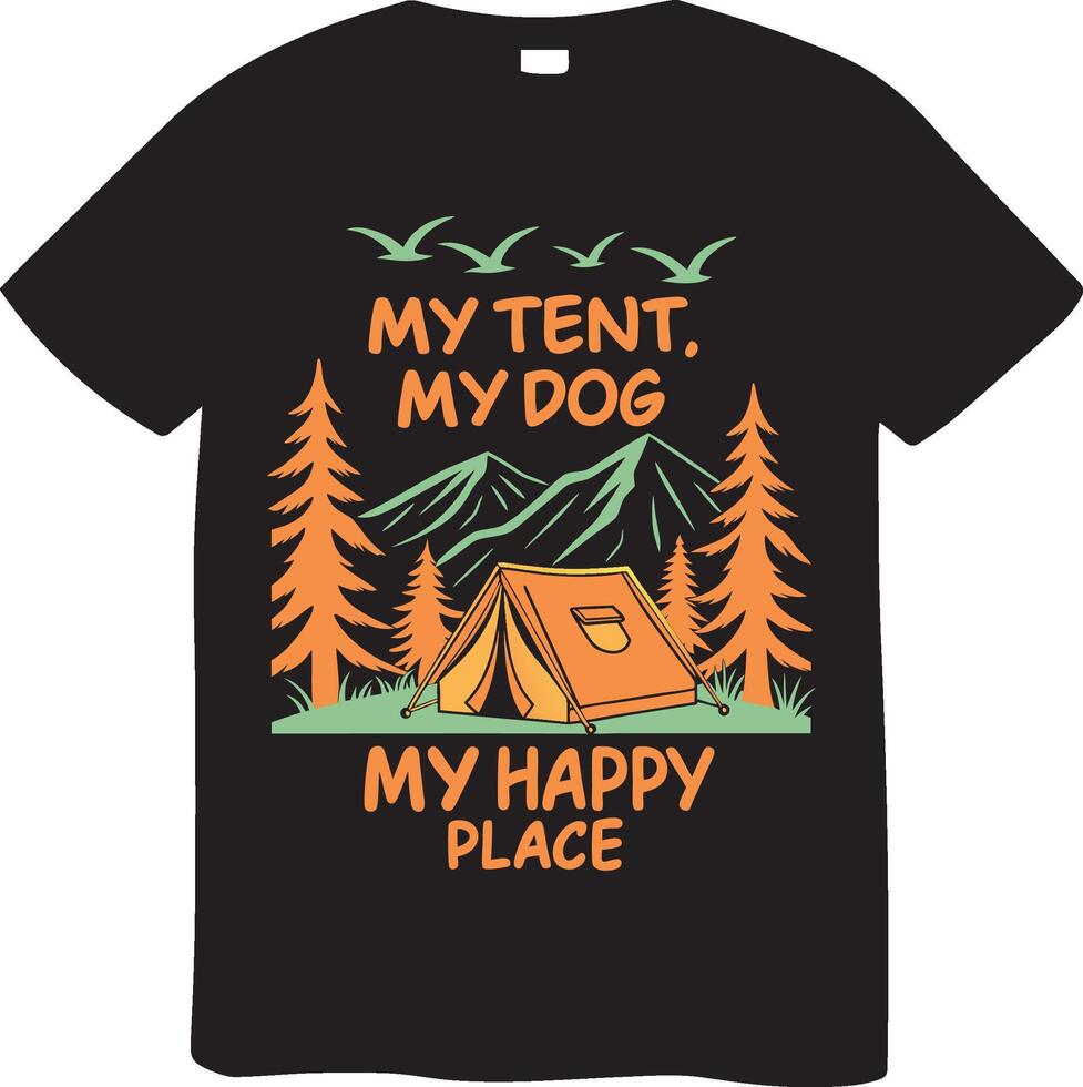 Camping T shirt Design Featuring Tent, Dog, and Mountains vector