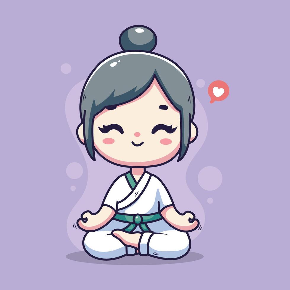Cute kawaii girl meditating in lotus pose illustration. vector