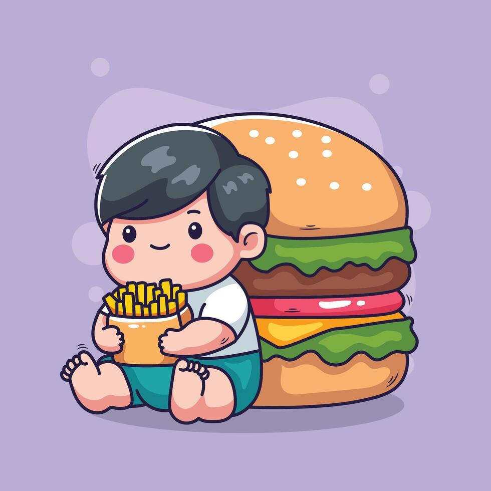 cute little boy with hamburger and french fries illustration design vector