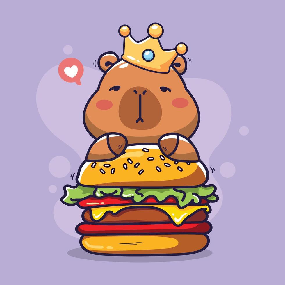 Cute bear king and hamburger illustration. vector