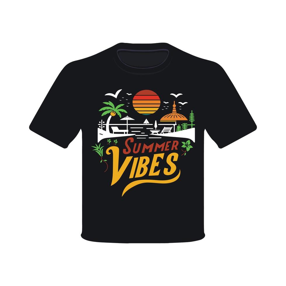 summer vibes summer t-shirt design Tropical sunset with palm trees illustration, Retro and vintage summer vibes t-shirt design with palm tree vector