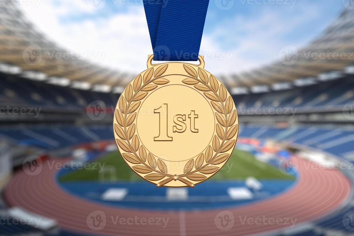 Close-up of a gold medal with a blue ribbon on a backdrop of a sports stadium. photo