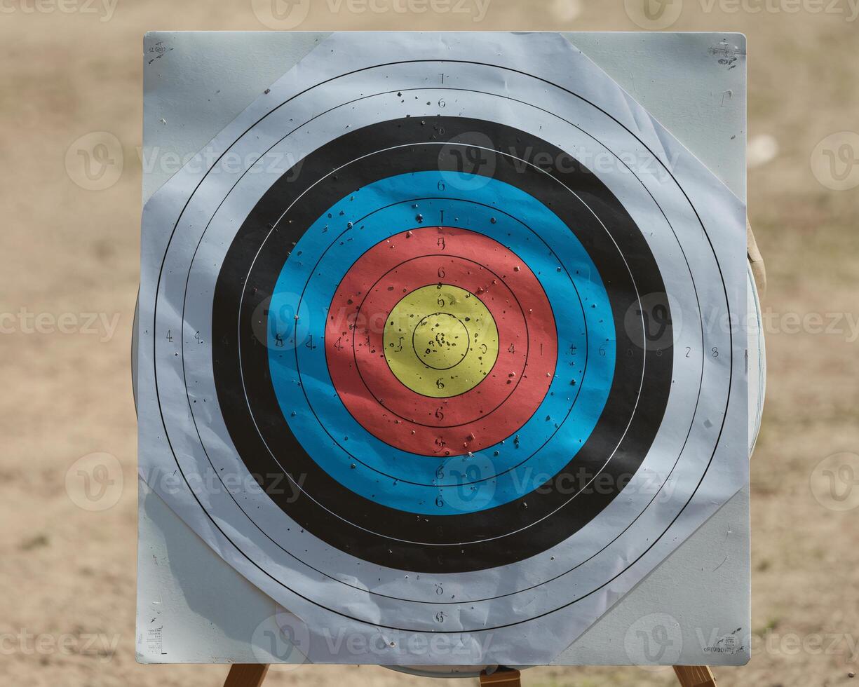 A close-up of a well-used archery target with colorful concentric circles and numerous arrow marks. photo