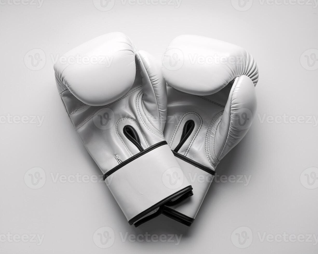 A pair of pristine white boxing gloves on a neutral background, symbolizing training and competition. photo