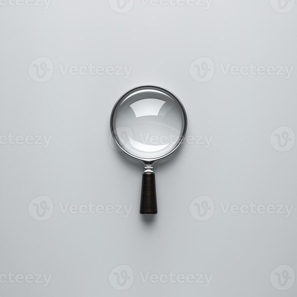 A classic magnifying glass with a sleek silver frame and a wooden handle, set against a minimalistic white background. photo