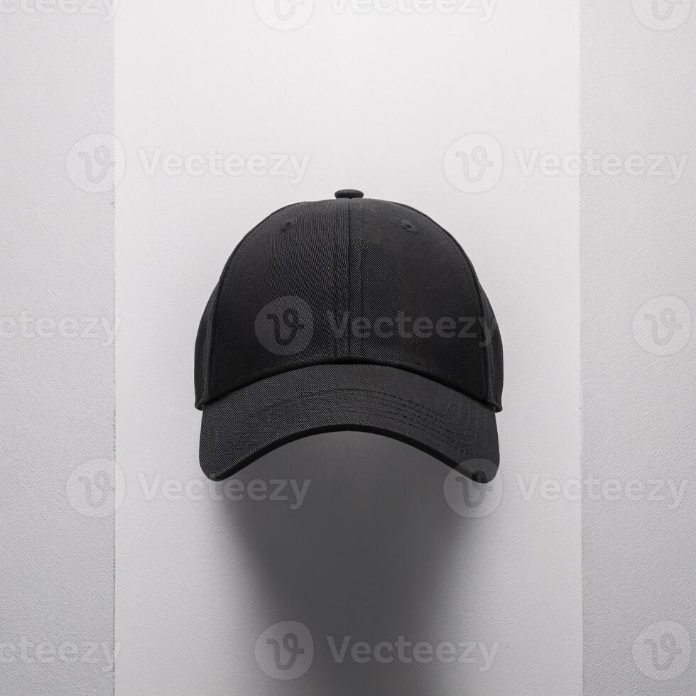 A sleek black cap displayed against a minimalist white background, showcasing its design. photo
