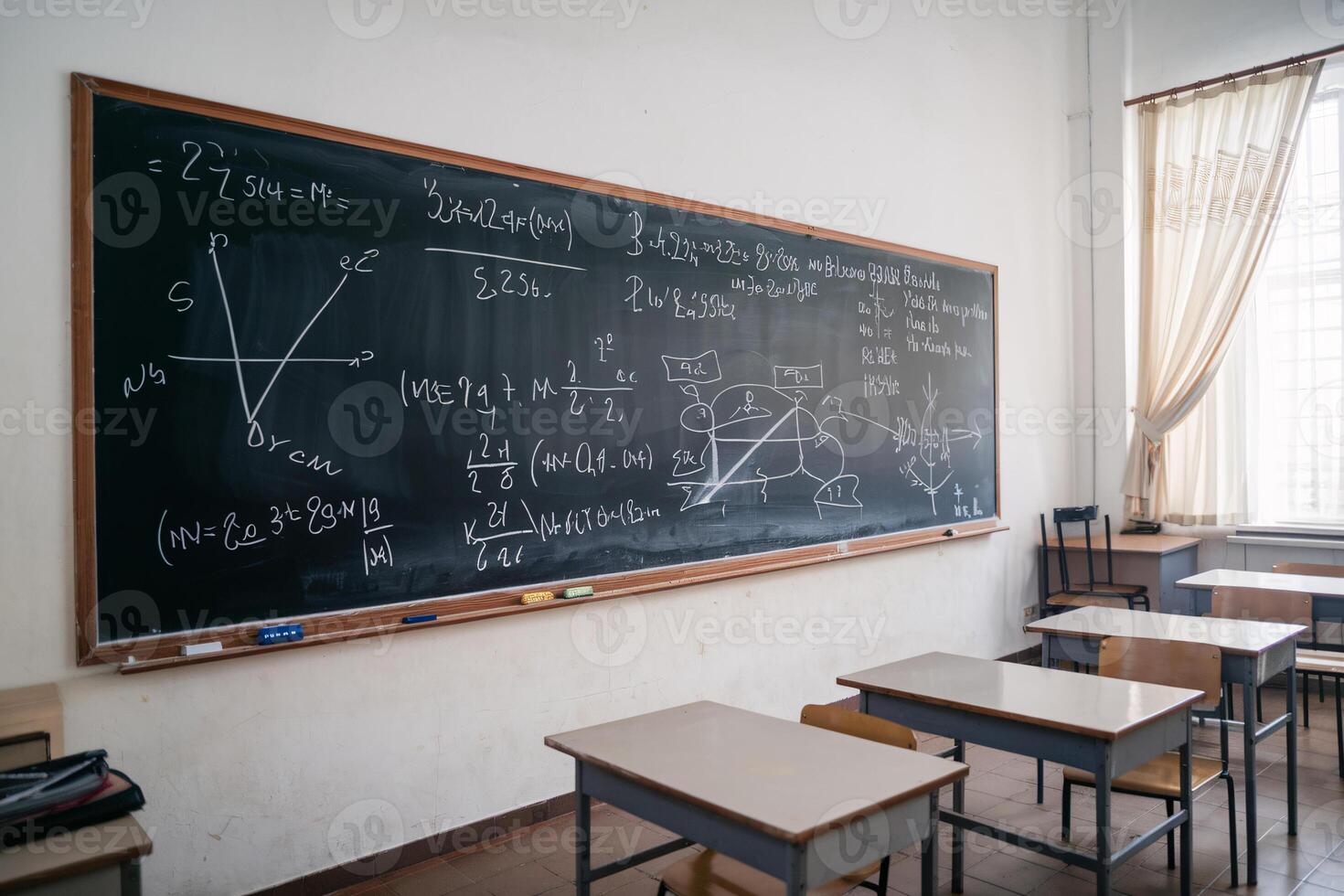 Classroom with a chalkboard filled with complex math equations and empty desks, evoking a sense of learning. photo