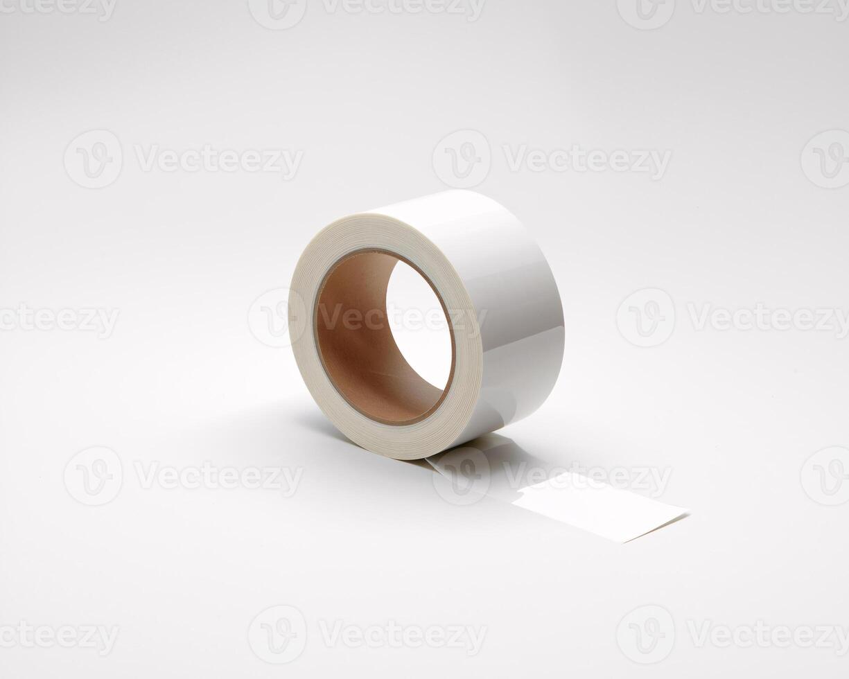 A roll of blank adhesive tape on a soft gray background, perfect for labeling or crafting. photo