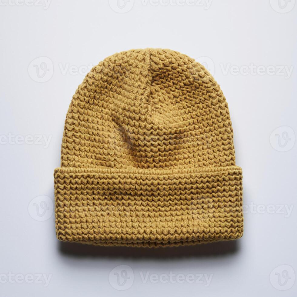 Trendy yellow knit beanie hat, perfect for casual winter style. photo