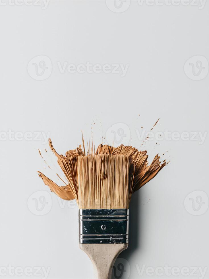 A dynamic splash of brown paint erupts from a clean paintbrush against a soft blue background. photo