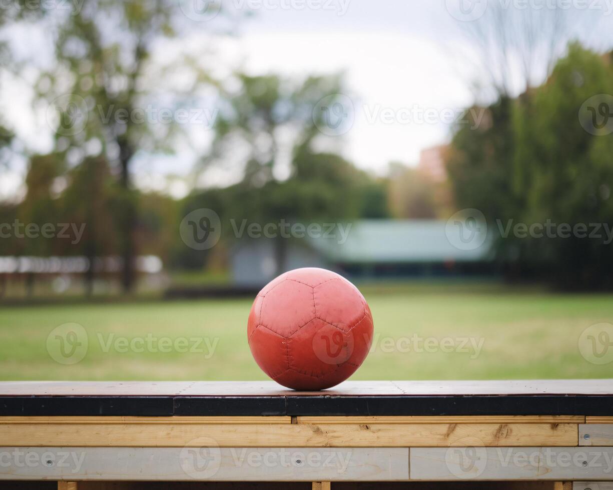 A vibrant red soccer ball rests on a wooden ledge, surrounded by a lush green field. photo