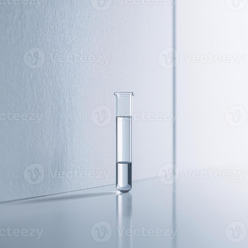 A glass test tube filled with clear liquid, casting soft shadows on a minimalist background. photo