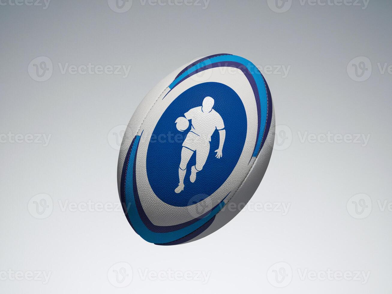 Dynamic blue rugby ball featuring athlete silhouette in motion, perfect for sports-themed projects. photo