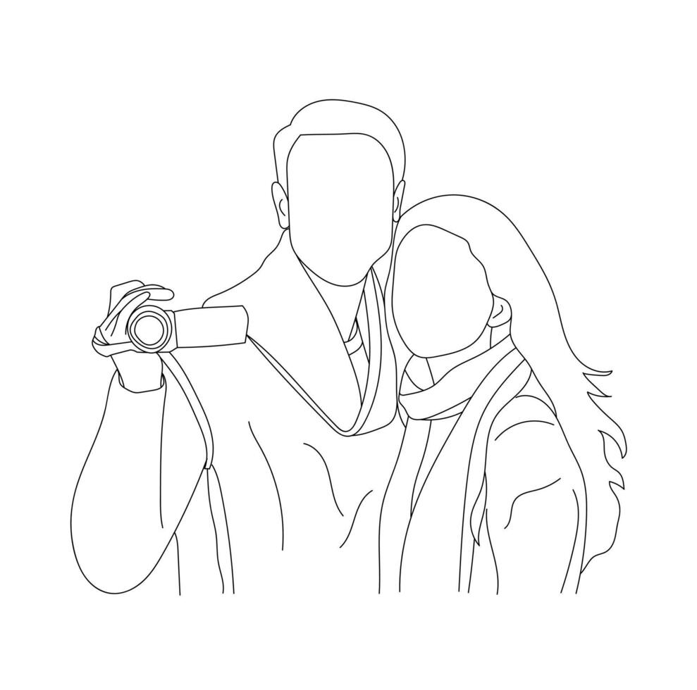 Illustration of a cute lovely couple Take pictures with the camera line art drawing vector