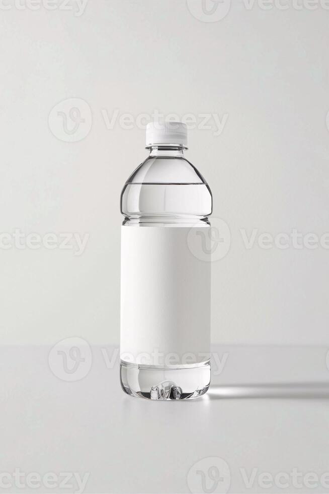 Clear plastic water bottle with a blank label, isolated against a soft gray background. photo