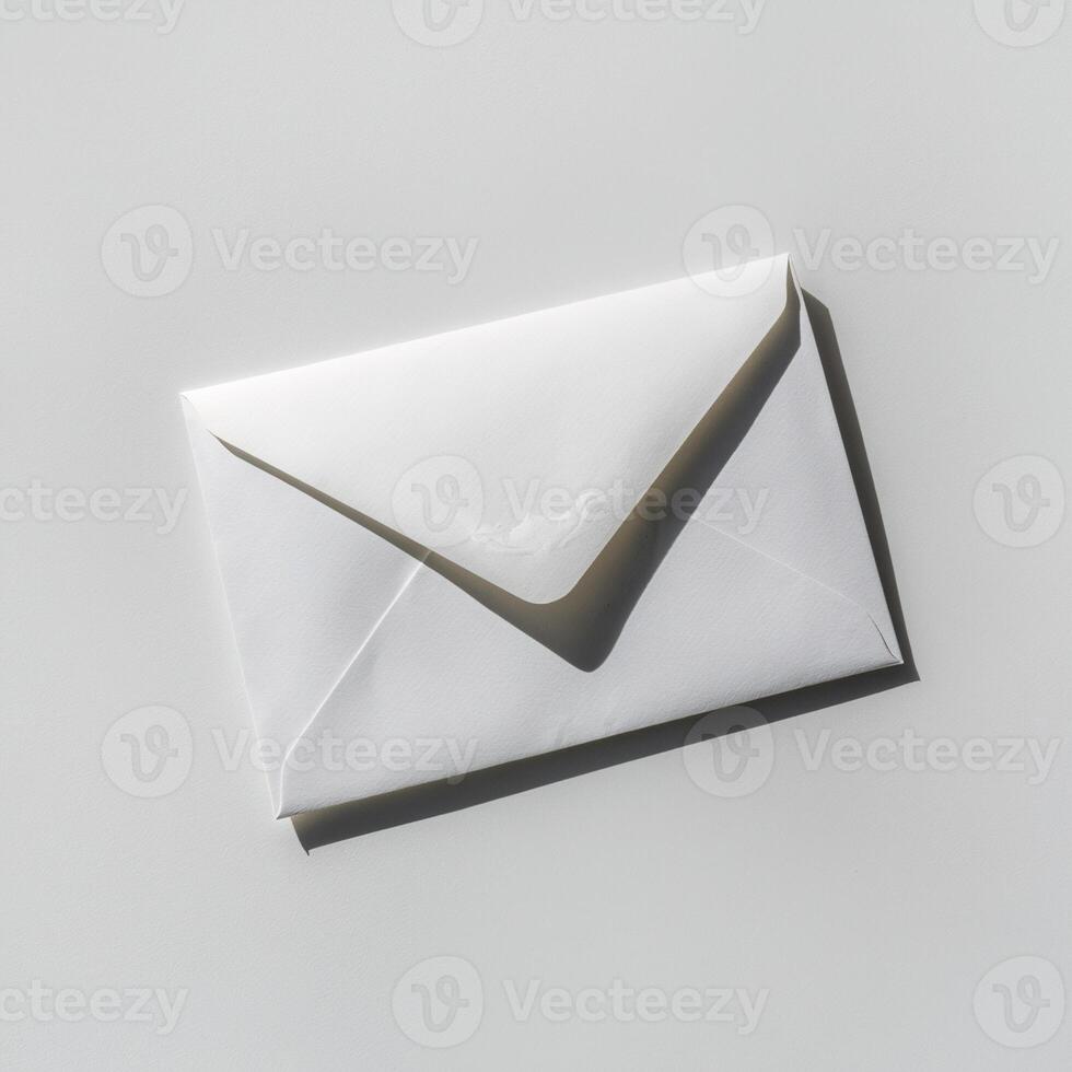A clean, white envelope casting a soft shadow on a light gray background, symbolizing communication. photo
