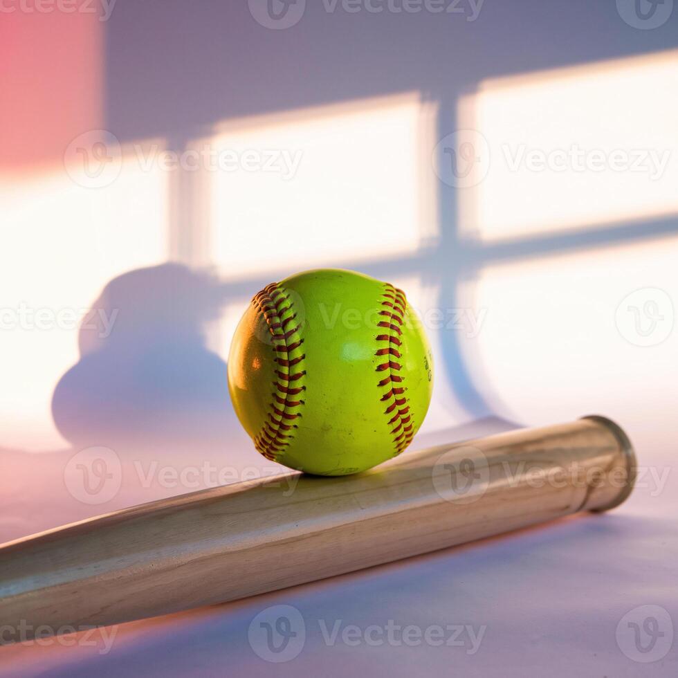 A bright yellow softball rests on a wooden bat, showcasing its vibrant color in soft light. photo