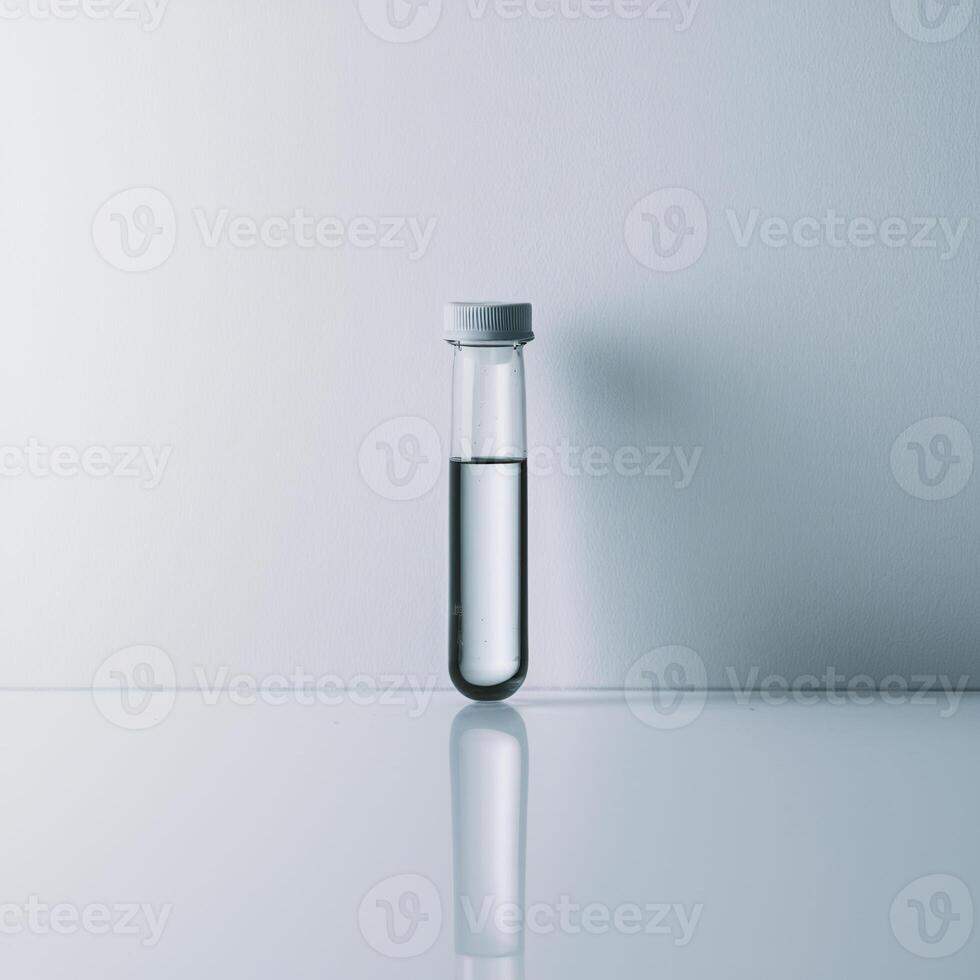Clear test tube with liquid on reflective surface, conveying a sense of purity and simplicity. photo