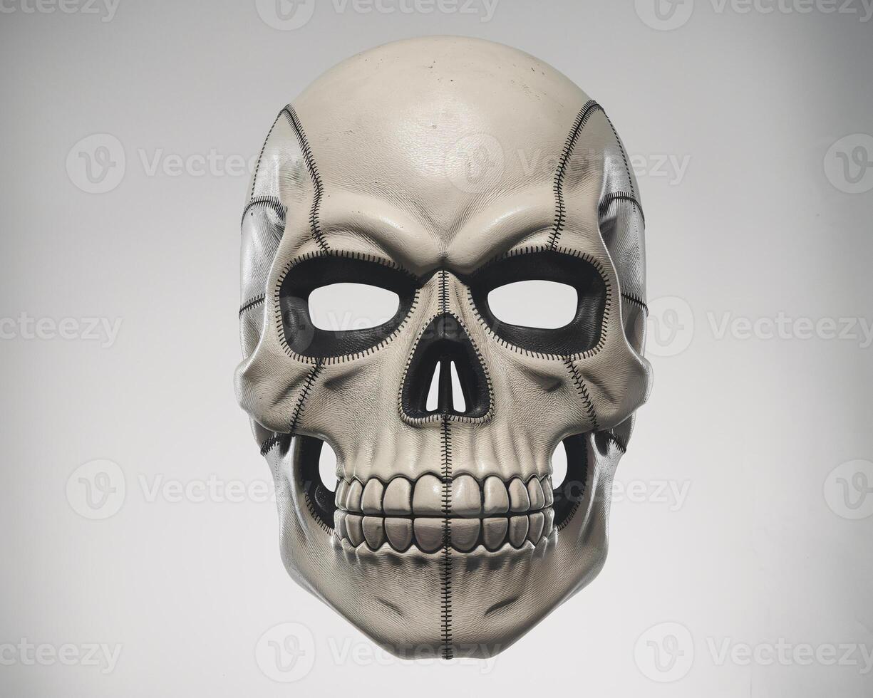 Front view of a detailed skull mask with stitching, creating a striking visual effect. photo