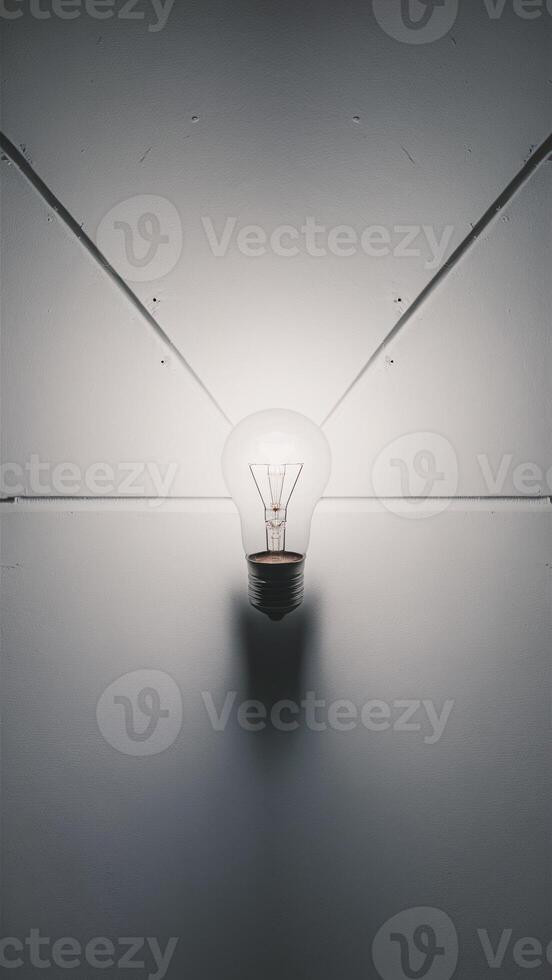 A glowing light bulb casts a warm glow against a minimalistic white background. photo
