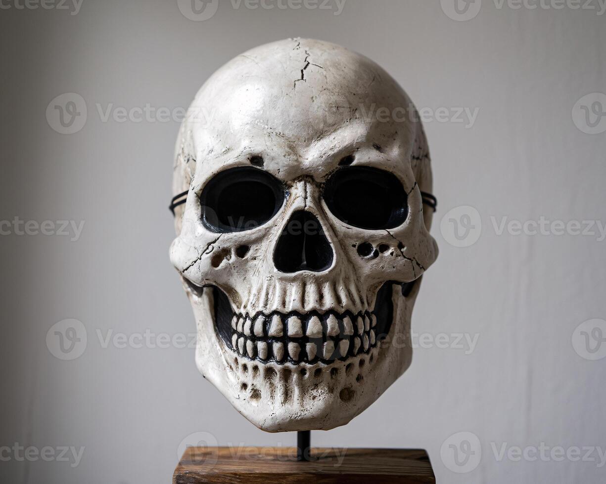 A detailed skull model on a stand, showcasing realistic features and textures against a neutral background. photo