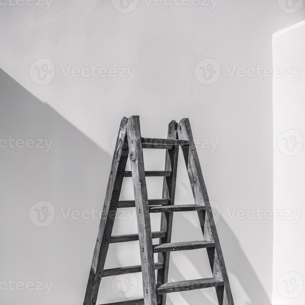 A rustic wooden ladder against a minimalist white wall, casting a soft shadow in a serene atmosphere. photo