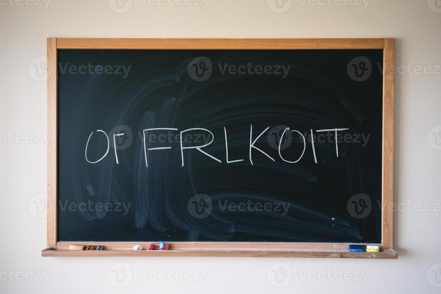 A blank chalkboard with the letters 'OF FRLKCOIT' scribbled in white chalk, creating a creative and playful mood. photo