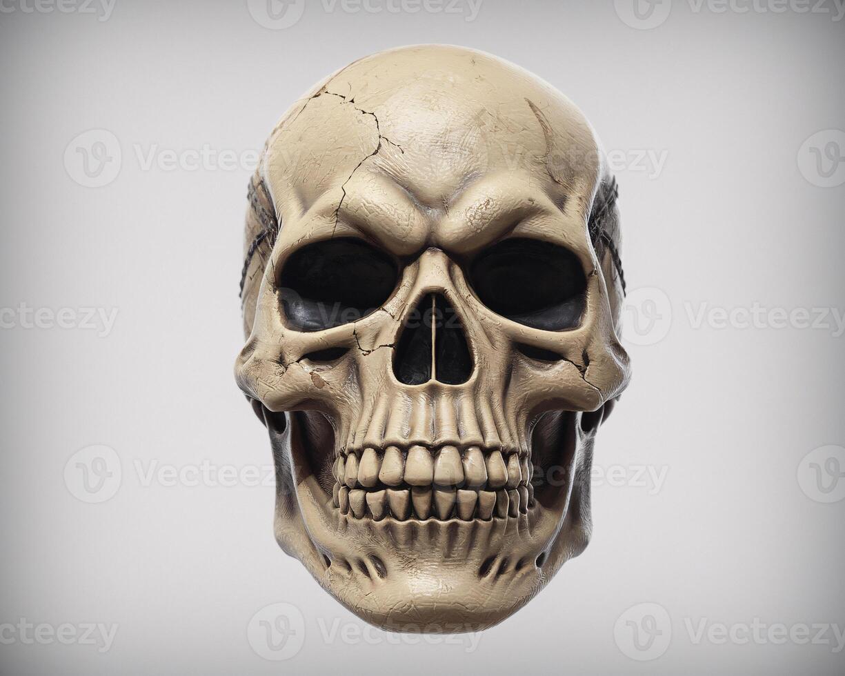 Realistic skull model with intricate details, highlighting texture and cracks for a dramatic effect. photo
