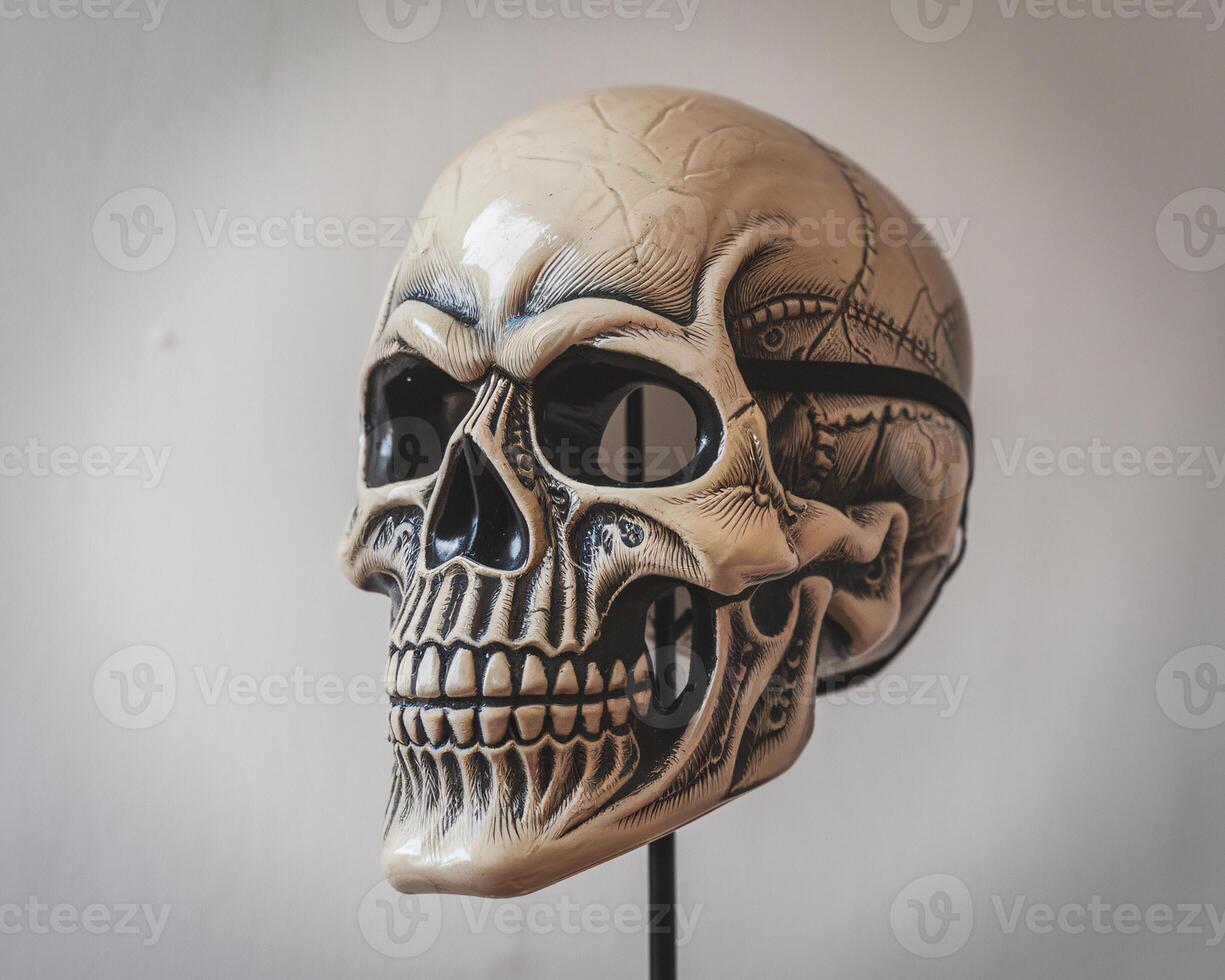 A detailed artistic skull mannequin showcasing intricate designs and textures. photo