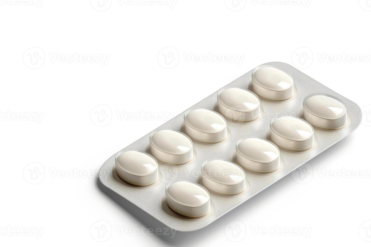 Detailed blister pack of medicine tablets on clean white background, showcasing pharmaceutical packaging for healthcare or medical-themed projects. Copy space for text. photo
