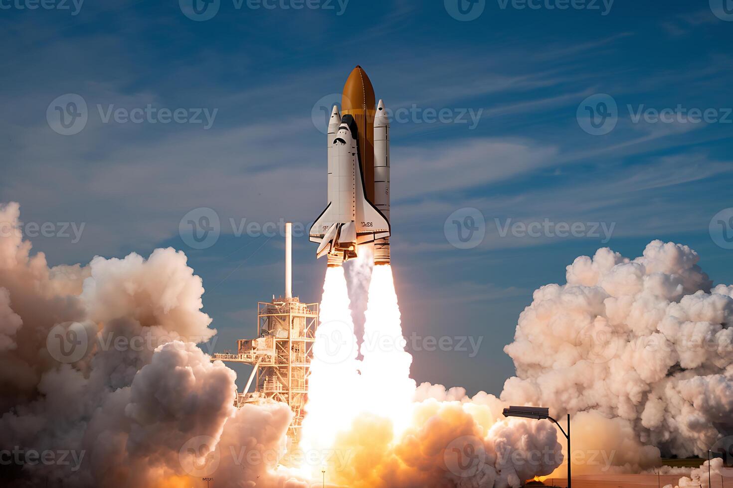 illustration of a spaceship launch isolated on space background photo