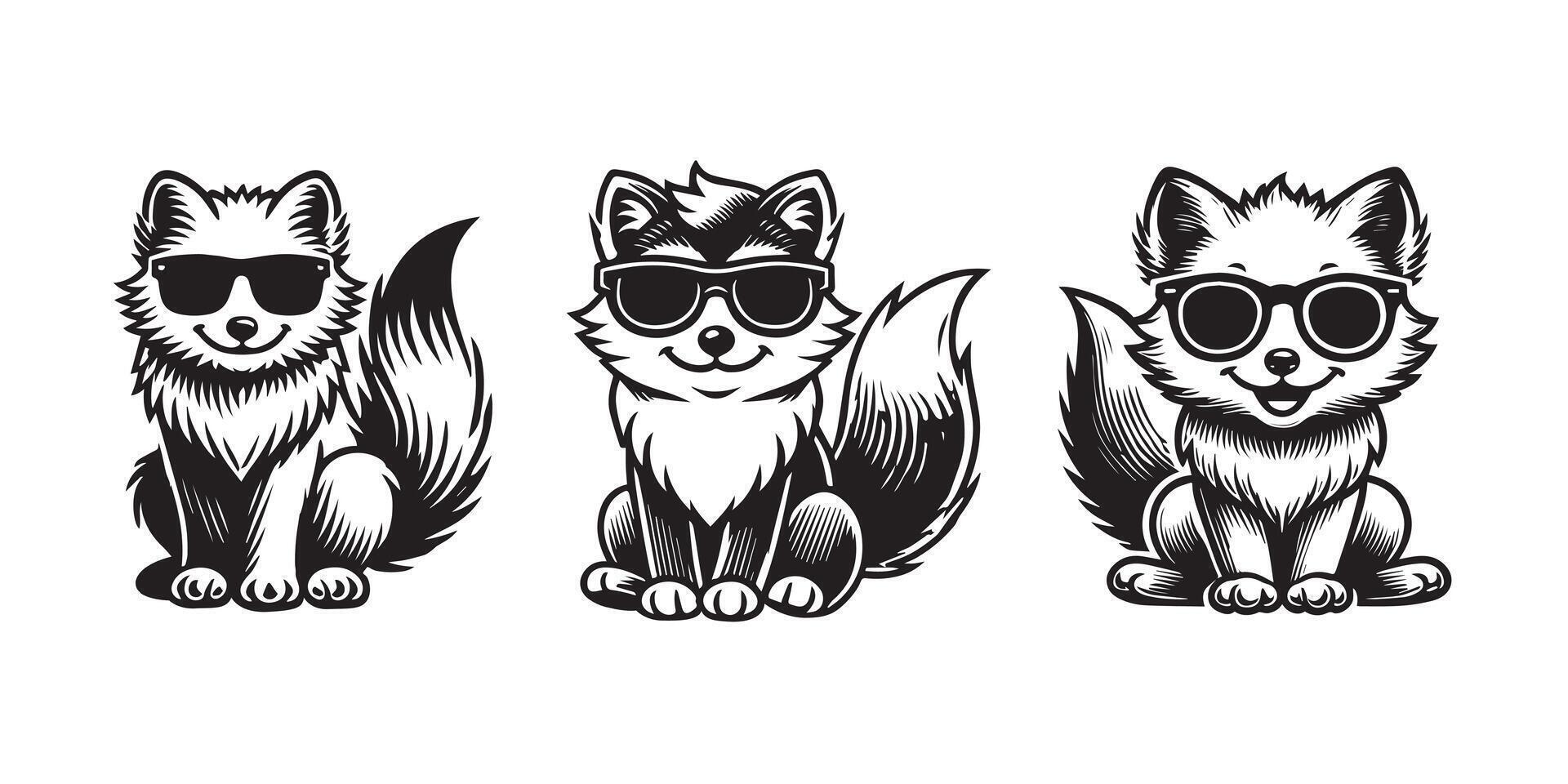 Cute Fox sitting wearing sunglass illustration , Set of Joyful Fox Clipart Art vector