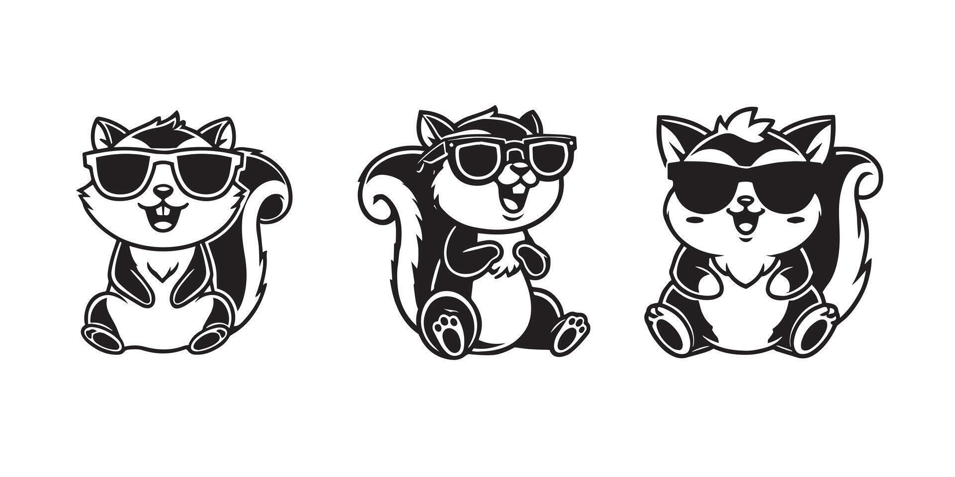Cute Flying squirrel sitting wearing sunglass illustration , Set of Joyful Flying squirrel Clipart Art vector
