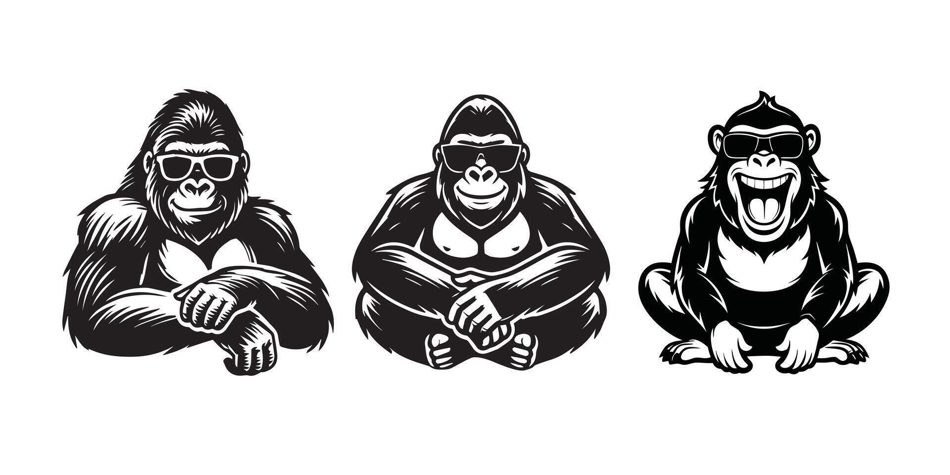 Cute Gorilla sitting wearing sunglass illustration , Set of Joyful Gorilla Clipart Art vector
