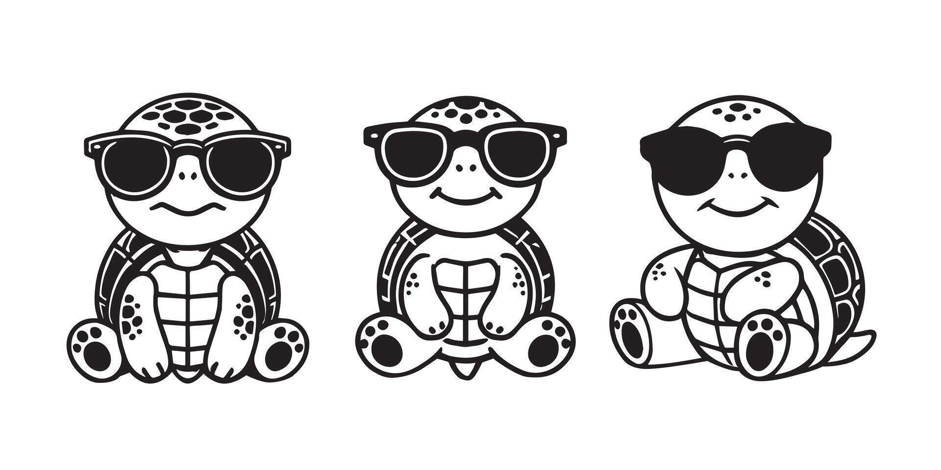 Collection of Cute Turtle sitting wearing sunglass illustration , Joyful Turtle Clipart Art Bundle vector