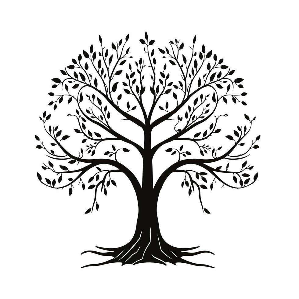 A black and white tree with leaves on it vector