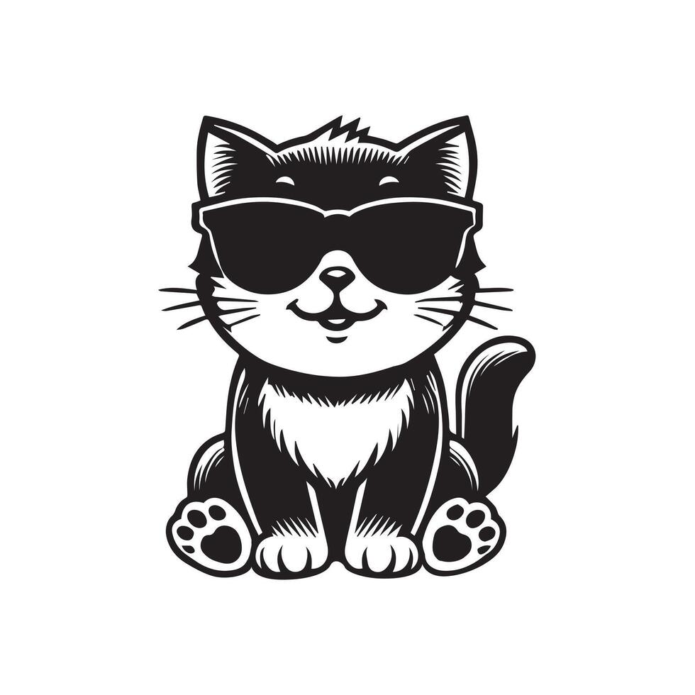 Cute Joyful Cat Sitting Wearing Sunglass Illustration vector