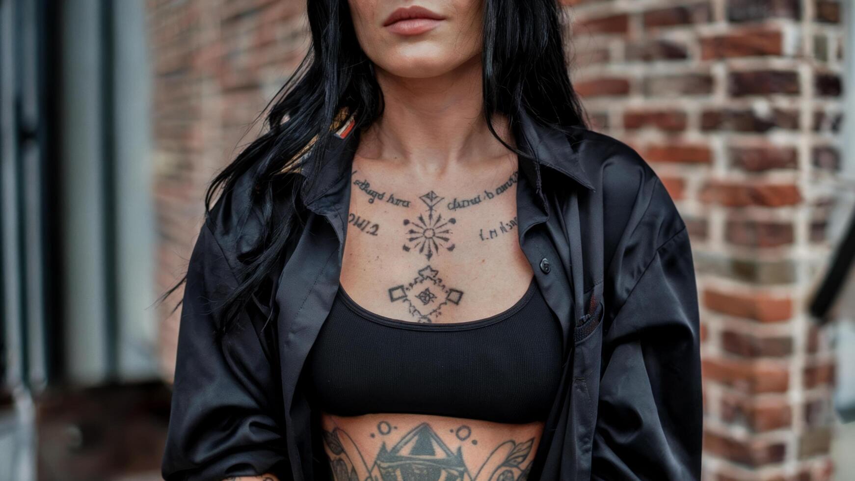 Close-up woman's chest tattoos, intricate designs and script. Urban backdrop. Ideal for showcasing body art and alternative fashion. photo