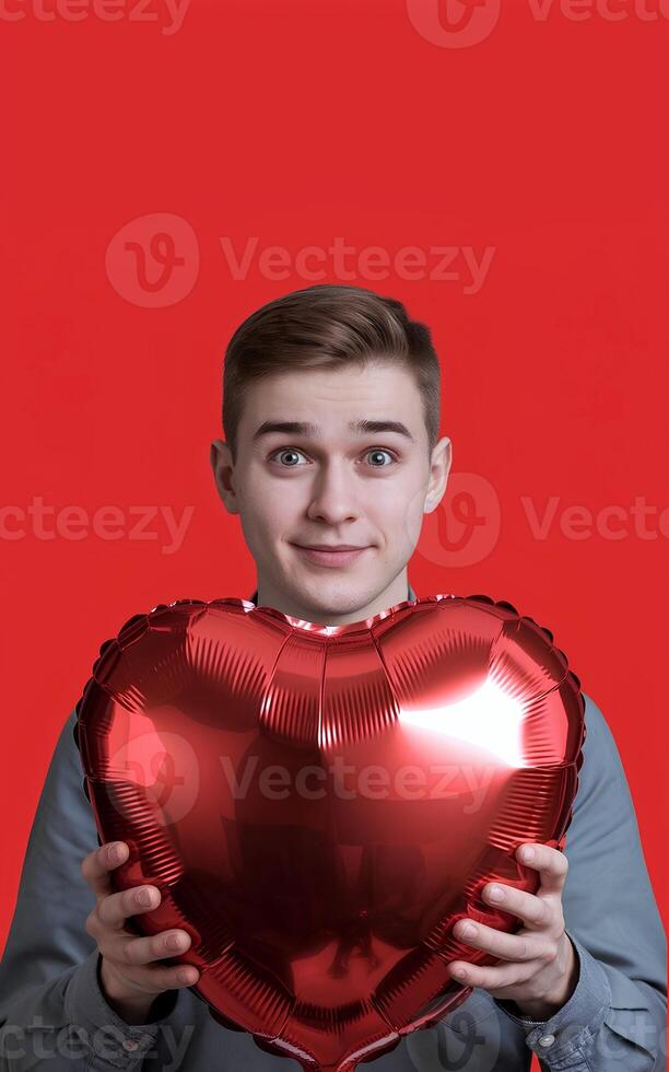 A young boy is holding and red heart shape balloon on red background representing Valentines Day photo