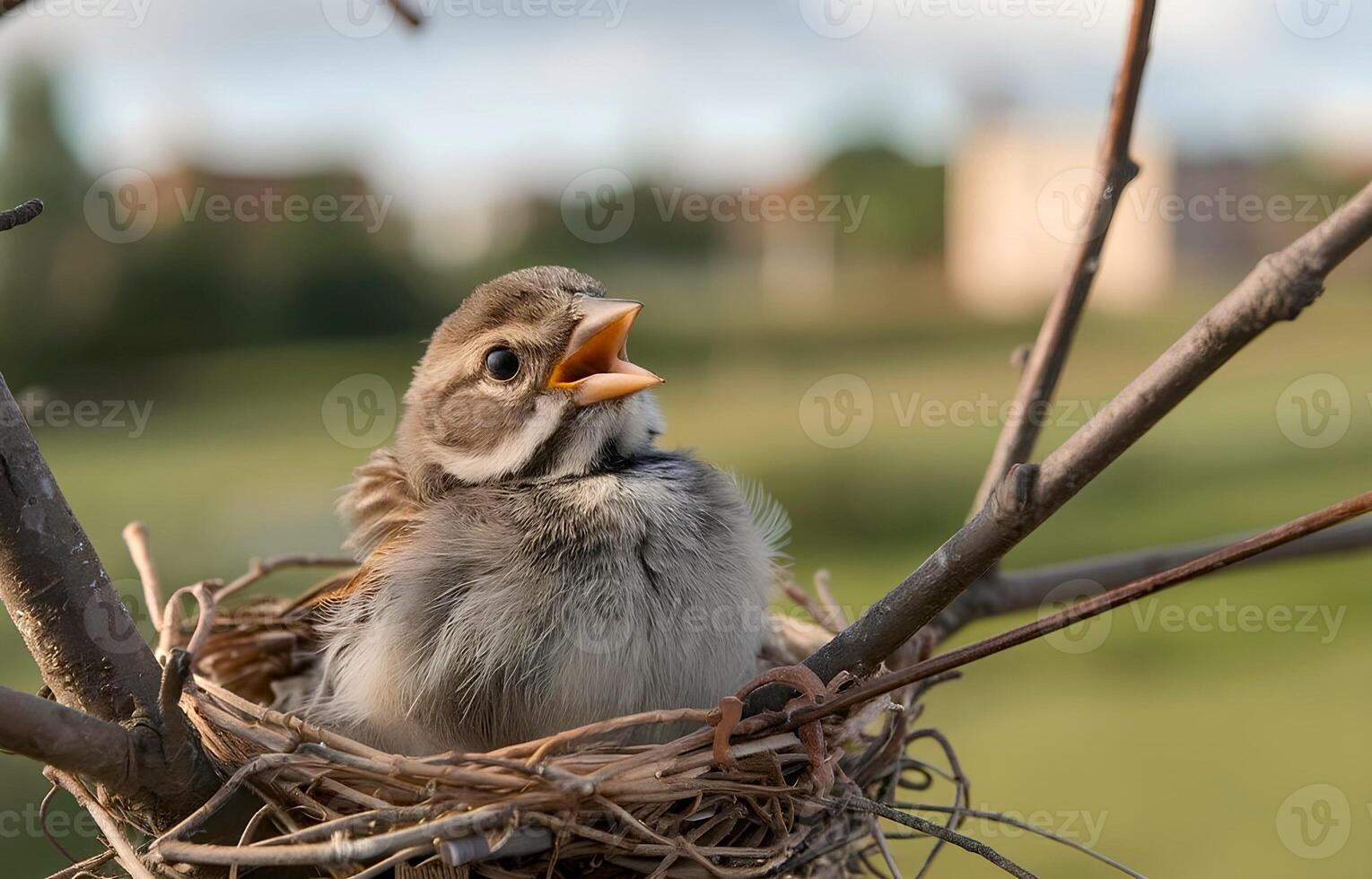 Closeup view of a bird chick is in nest and calling photo