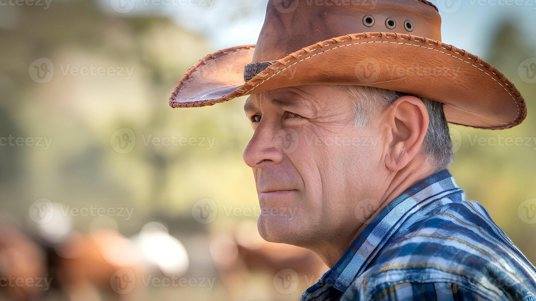 Closeup view of a middle-aged man is wearing a leather cowboy hat photo