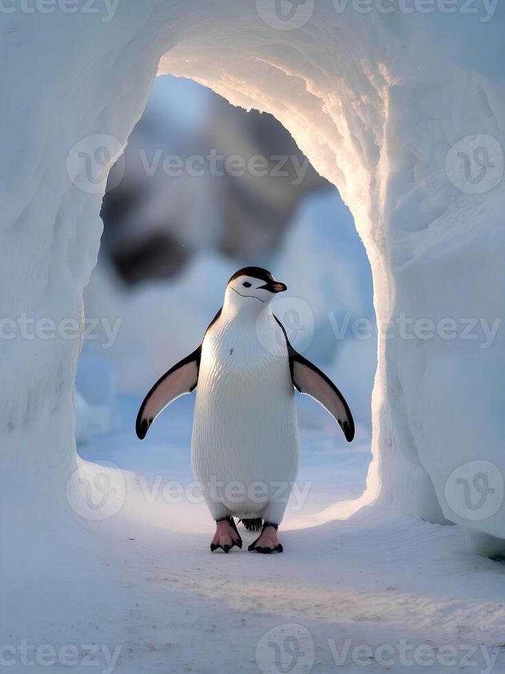 A penguin is walking through a snow tunnel photo