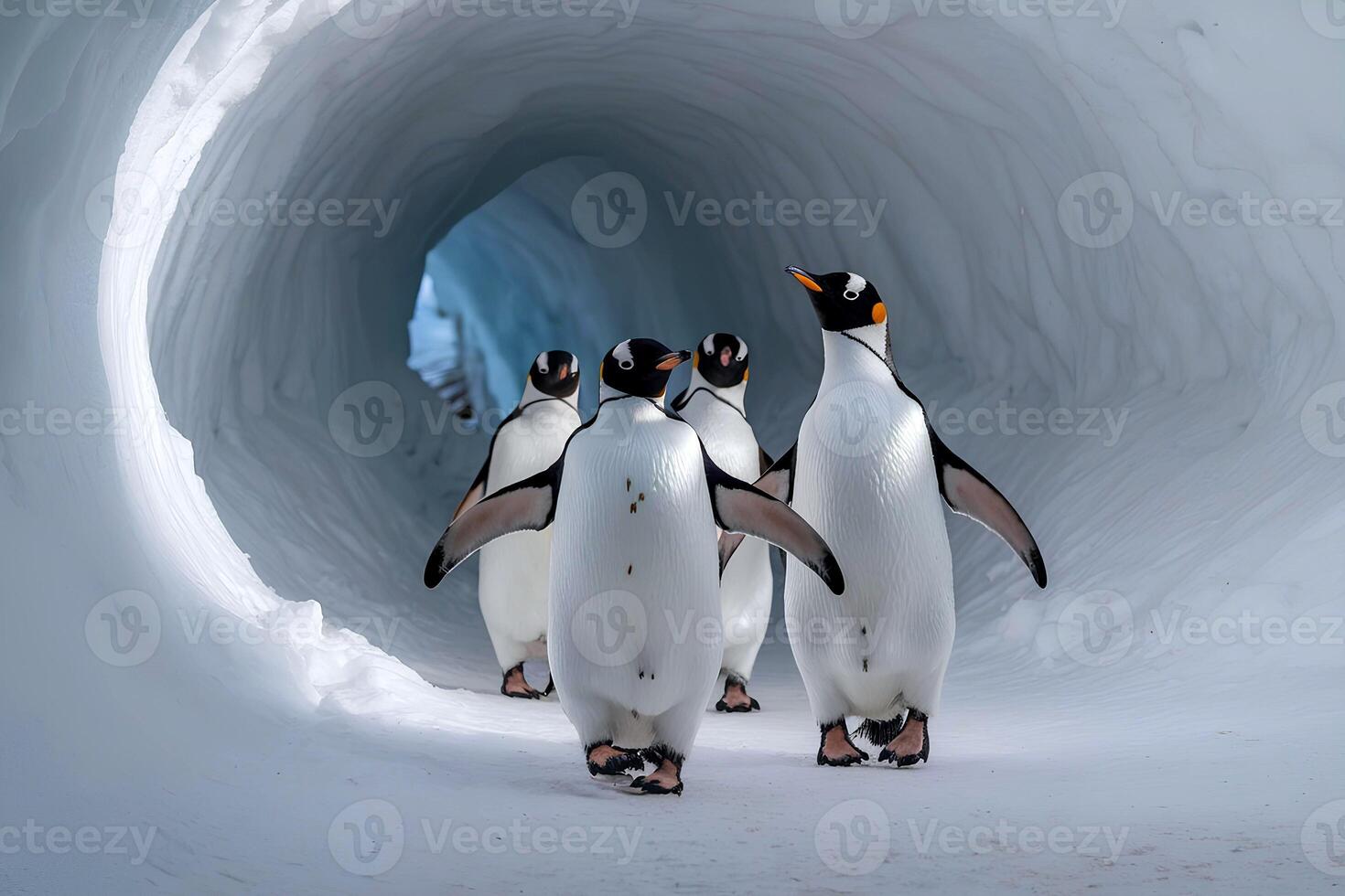 Group of penguins are walking in a snow tunnel photo