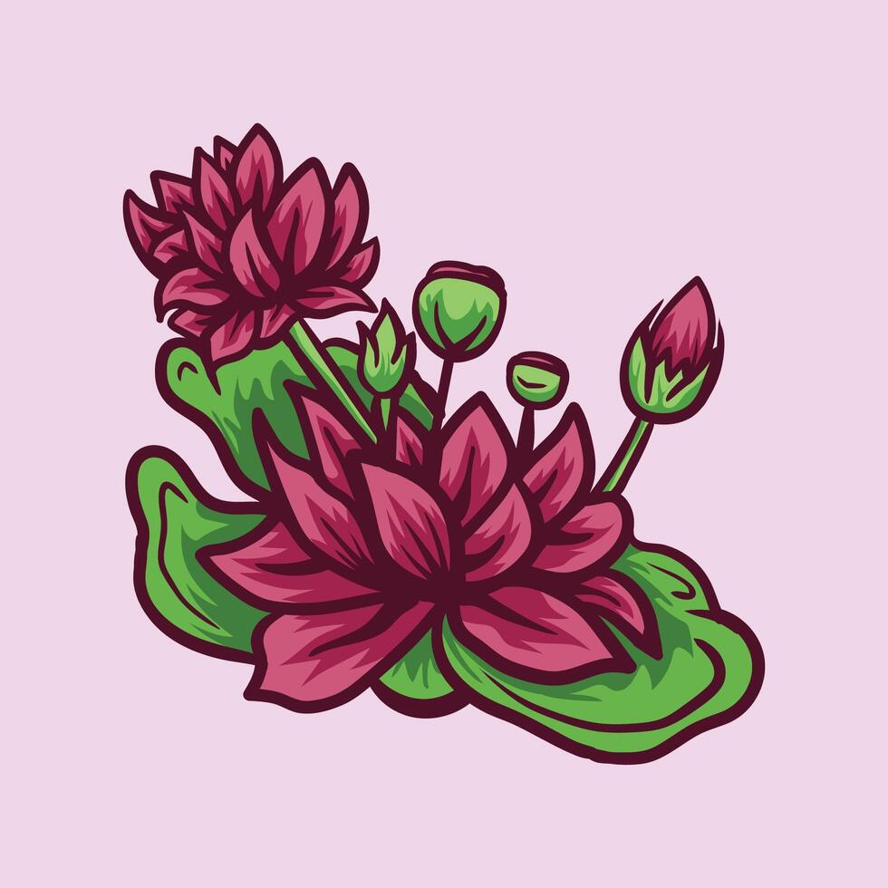 Illustration of Vibrant Red Lotus Flowers with Green Leaves vector