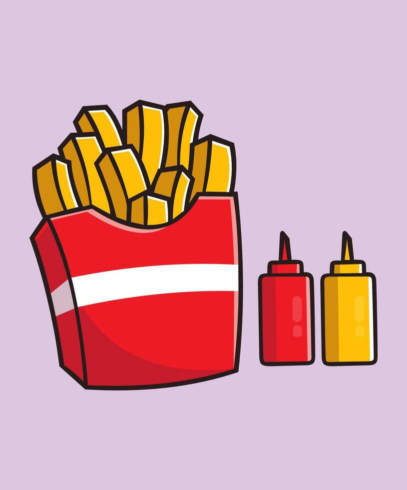 French Fries With Sauce And Mustard Cartoon Icon Illustration, Food Icon Concept Isolated. vector