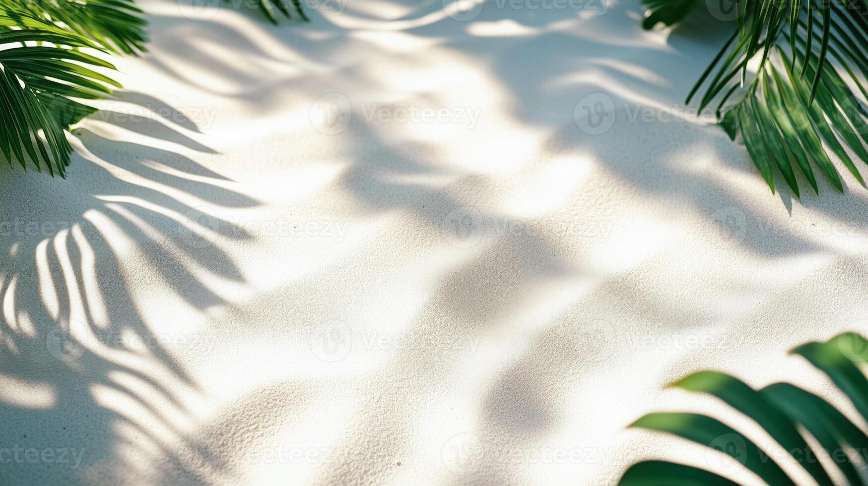 Tropical palm leaf shadows on smooth white sand, sunlight casting artistic patterns, serene beach atmosphere, natural summer background for relaxation themes photo