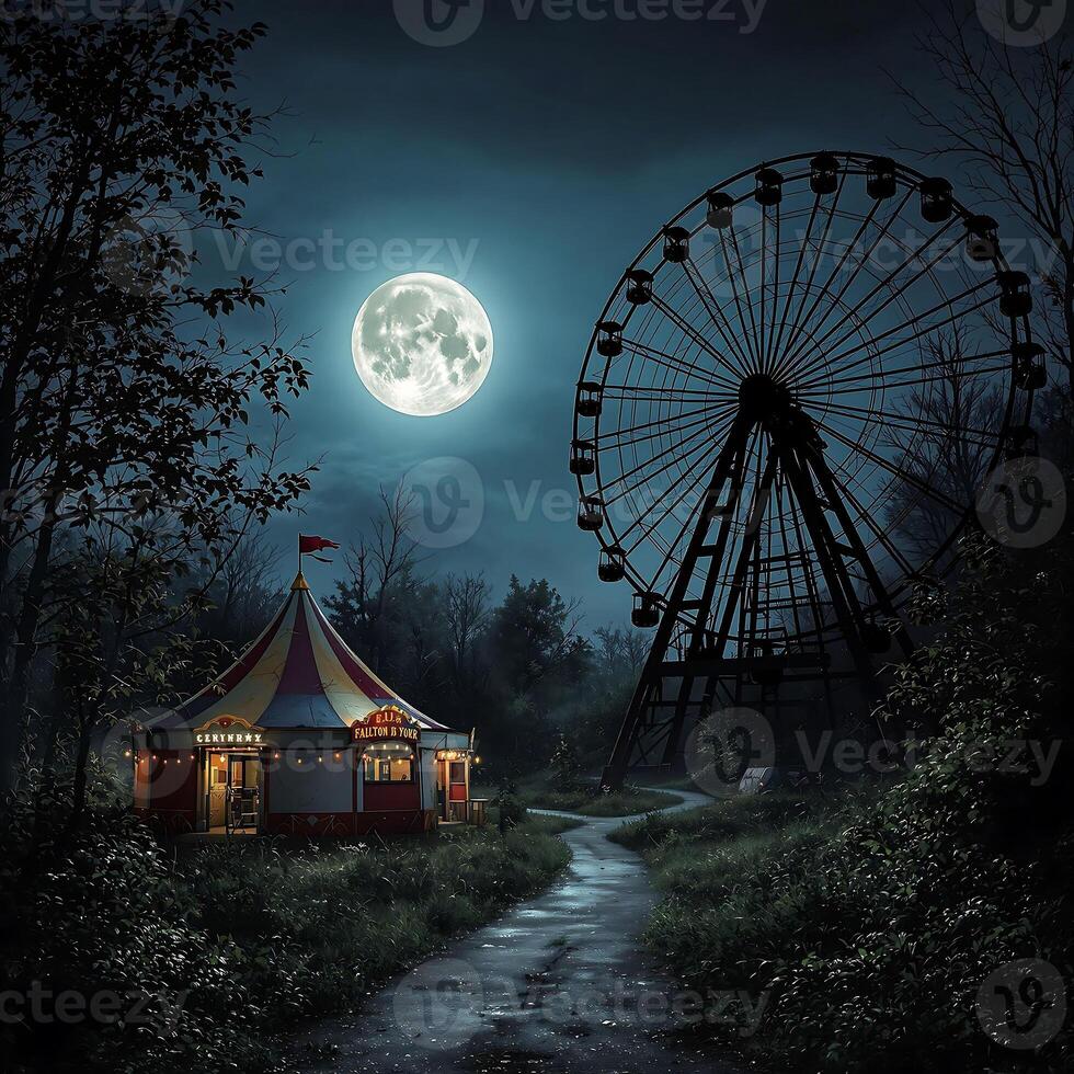 Abandoned Amusement Park at Night Under Full Moon photo