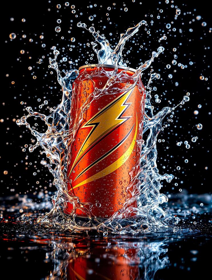 Dynamic Energy Drink Can with Water Splash and High Speed Photography photo