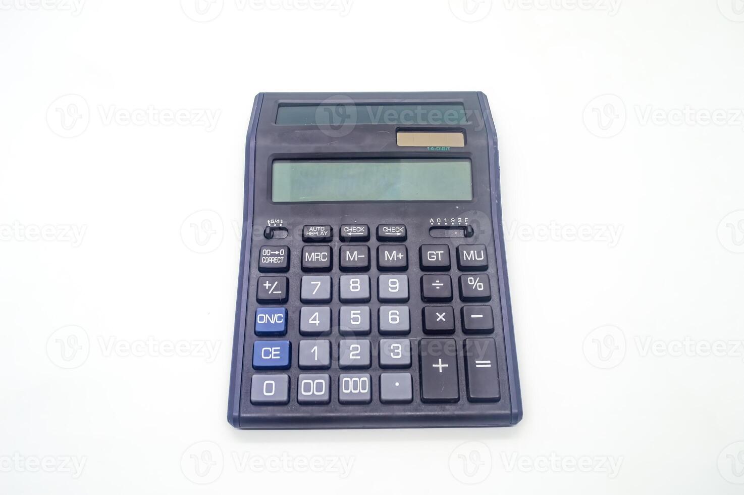A black electronic calculator with a large display and multiple function buttons on a white background. Ideal for office, school, or home use photo